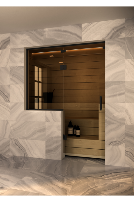 Sauna glass wall with window on hinge side and above door Vetro S55
