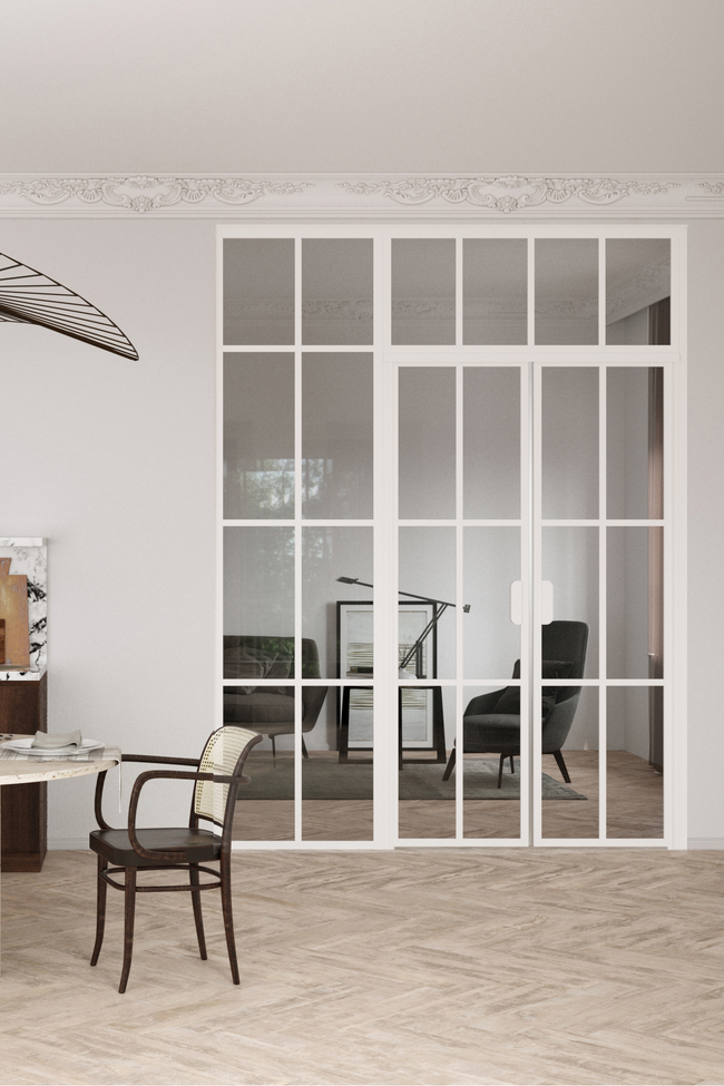 Glass wall with hinge side fixed panel, pair door and upper window Bläk 723 Paris