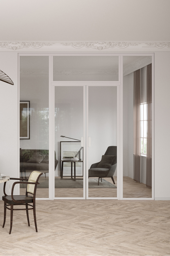 Glass wall with fixed panels on hinge side, a double door and upper window Bläk 727 New York