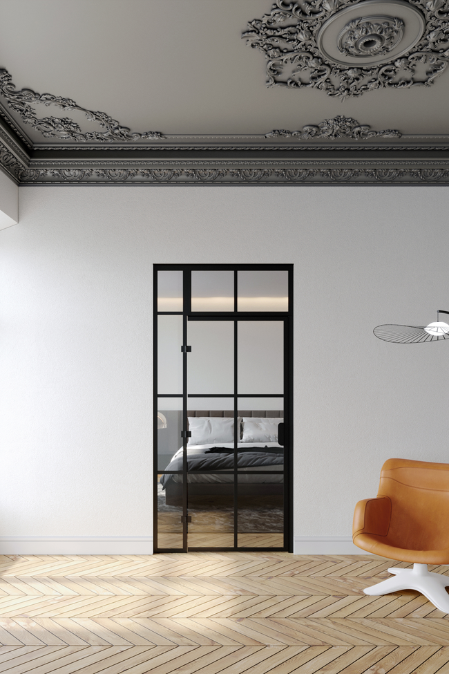 Glass wall with fixed panel on 180 degree hinge side and upper window Bläk 922 Paris