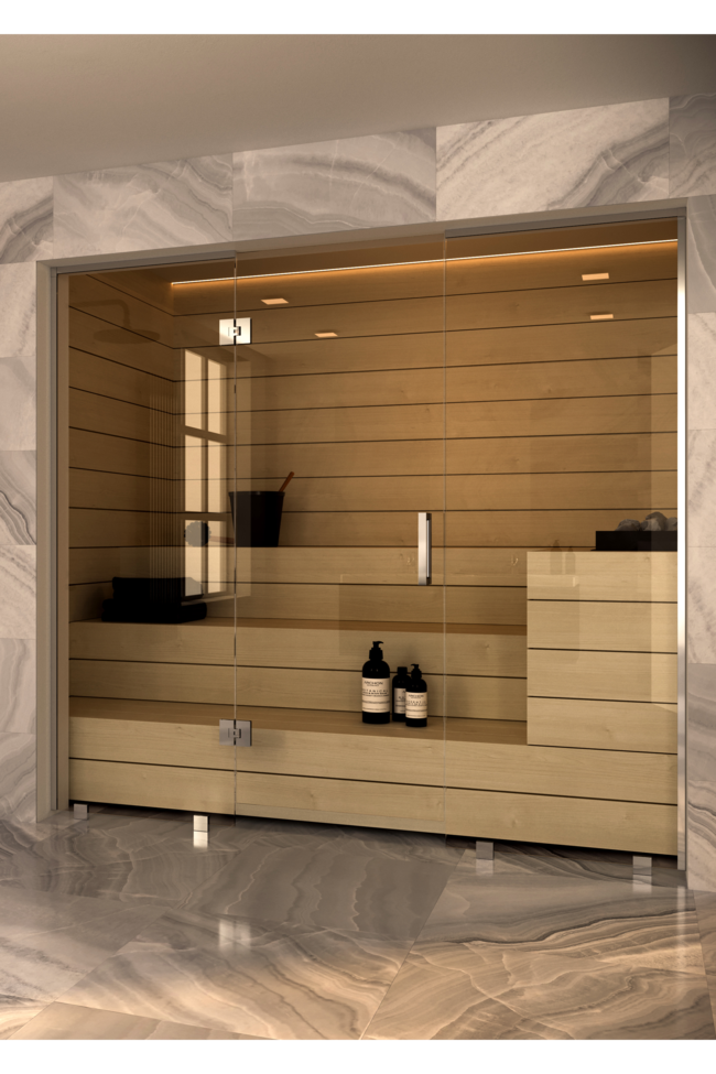 Sauna glass wall with fixed panel on handle side and hinge side Vetro S47