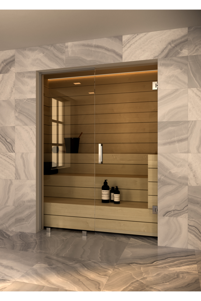 Sauna glass wall with fixed panel on handle side Vetro S57