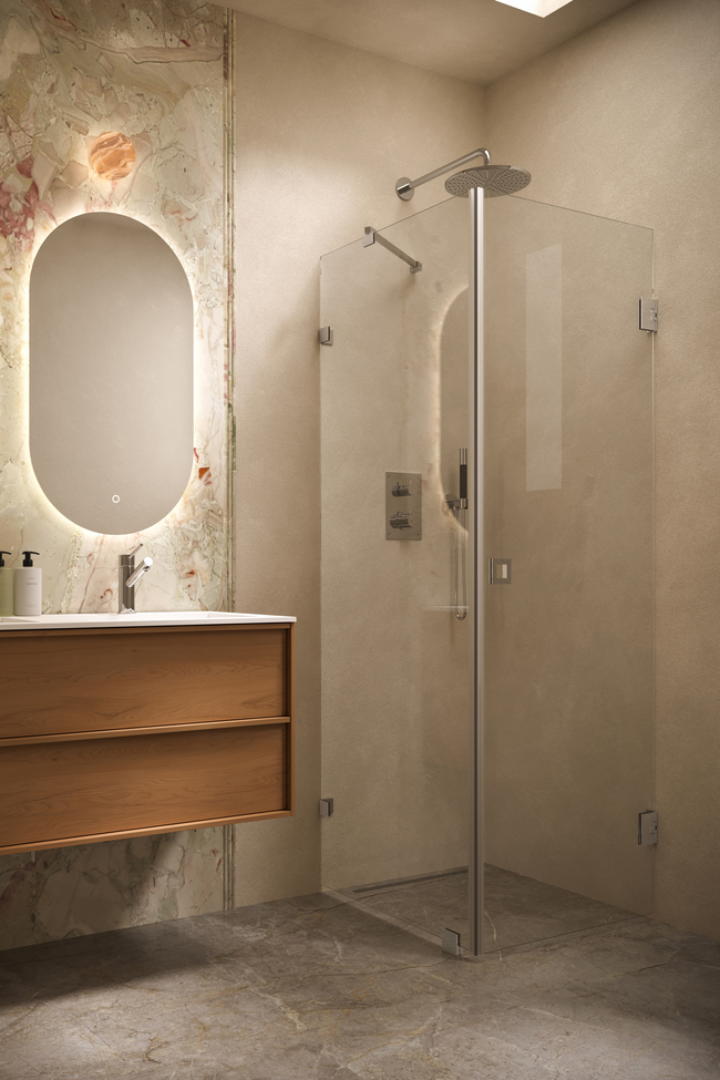 Shower enclosure with a fixed wall and hinged door Vetro 540 (511x512)