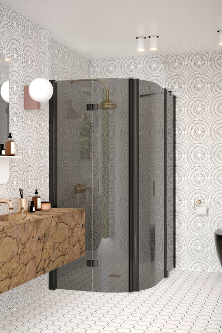 Curved shower enclosure with a folding door and a hinged door with a fixed part Infinia 274 (223x224)