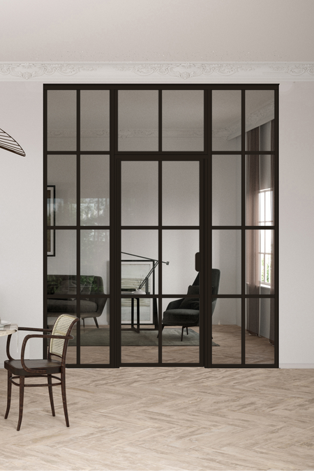 Glass wall with fixed panels on hinge and handle side and upper window Bläk 726 Paris