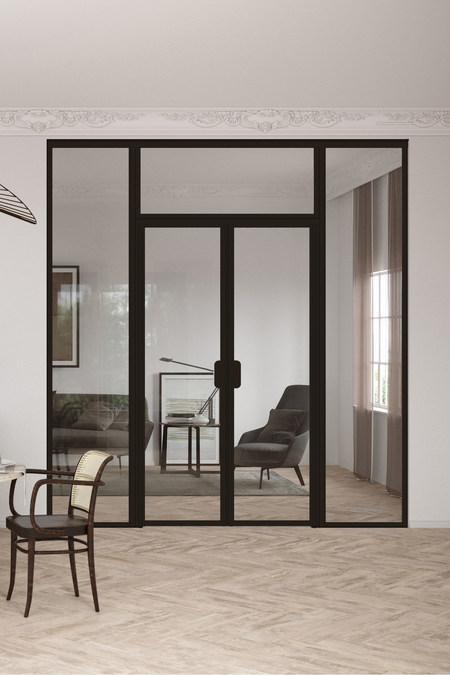 Glass wall with fixed panels on hinge side, a double door and upper window Bläk 727 New York