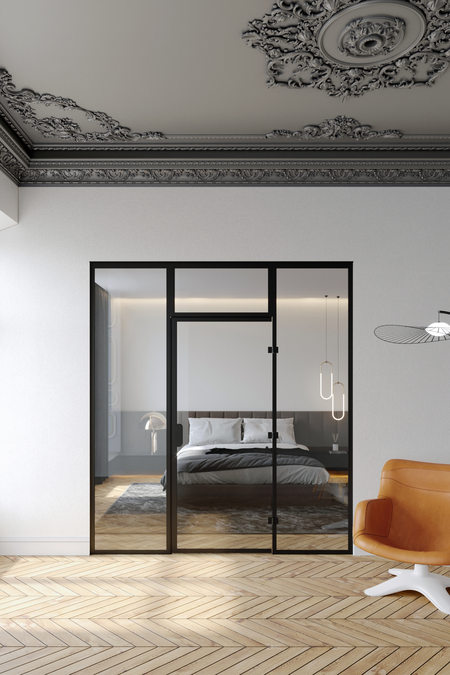 Glass wall with fixed panels on hinge and handle side and an upper window Bläk 923 New York