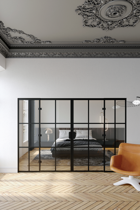 Glass wall with double doors and fixed panels on hinge sides Bläk 987 Paris