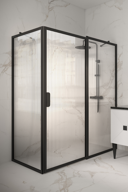 Shower enclosure with a fixed wall and a hinged door with a fixed part Bläk 756 New York