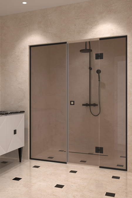 Alcove fitting with a framed fixed wall and hinged door which has a fixed part Vetro 551