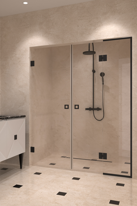 Alcove fitting with a hinged double door, one of which has a fixed part Vetro 555