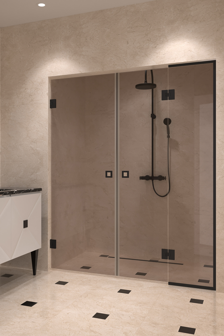 Alcove fitting with a hinged double door, one of which has a fixed part Vetro 555