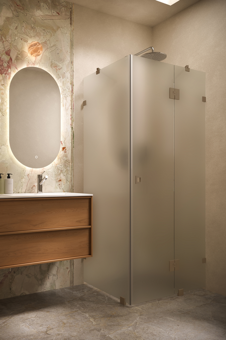 Shower enclosure with a fixed wall and a hinged door with a fixed part Vetro 542 (511x514)