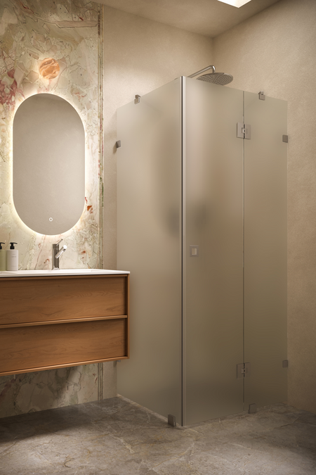 Shower enclosure with a fixed wall and a hinged door with a fixed part Vetro 542 (511x514)