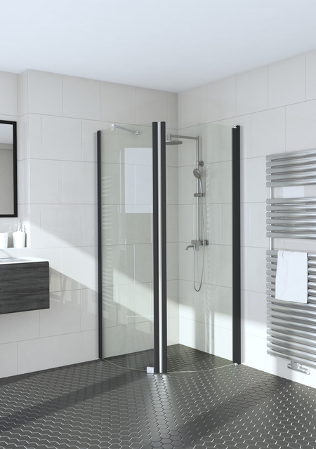 Bevelled shower enclosure with a fixed wall and hinged door Infinia 231x232