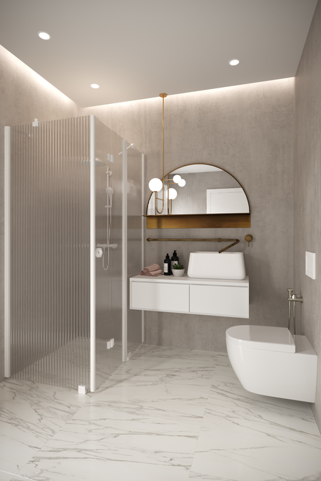 Shower enclosure with a fixed wall and a folding door with a fixed part Forma 371