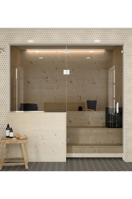 Sauna glass wall with window on hinge side and above door Classic 655