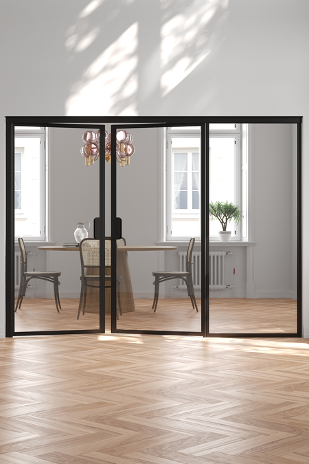 Glass wall with fixed panel on hinge side and double door Bläk 776 New York