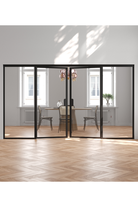 Glass wall with fixed panels on hinge side and a double door Bläk 777 New York