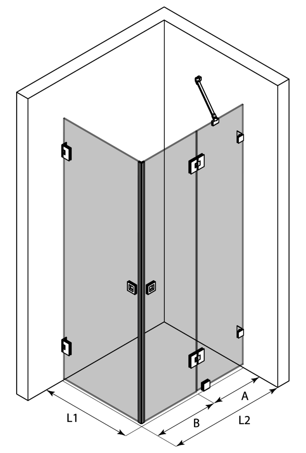 3d Shower enclosure with hinged doors one of which has a fixed part Vetro 545 (512x514)